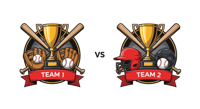 Two professional baseball team logos featuring championship trophies crossed wooden bats leather gloves and protective helmets.