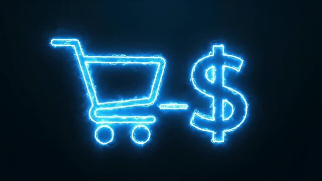 Glowing Neon Shopping Cart and Dollar Sign on Dark Background.