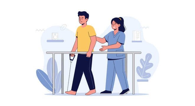 Friendly female physical therapist helping a man recover from an injury by practicing walking with parallel bars and a cane.