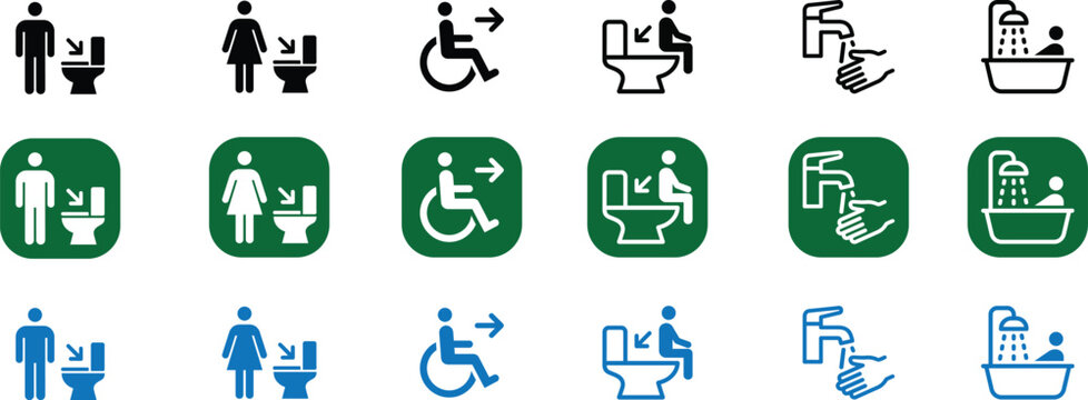 Set of restroom & bathroom symbols featuring male, female accessible toilet, washing hands, and bathing icons in three variations.