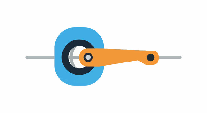 Abstract mechanical component with a blue wheel and an orange arm