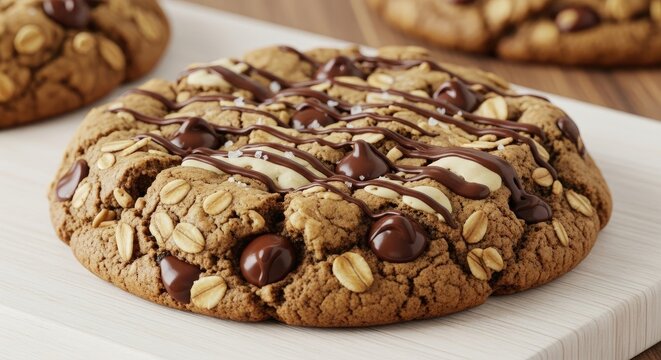 Three chocolate chip cookies sit on a wooden cutting board. The cookies are large and have a textured surface with oats and chocolate chips.