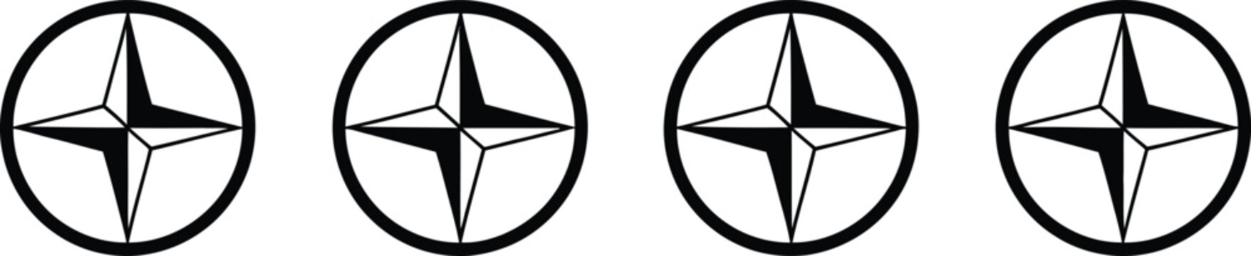 Black compass star navigation symbol icon set isolated on white background vector illustration for direction and travel design