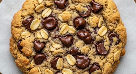 Fototapeta premium A large, golden-brown chocolate chip cookie sits on a white plate. The cookie is studded with dark chocolate chips and crunchy peanut pieces.