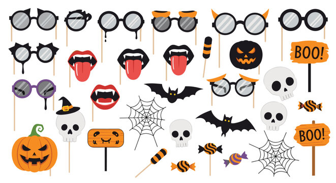 Variety of creative Halloween photo booth props such as masks glasses lips fangs skulls bats and spooky signs for festive fun.
