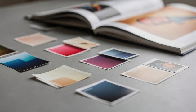 Closeup of color swatches and printed proofs on a calibration desk featuring a blurred art monograph book in the background for finetuning color tones.
