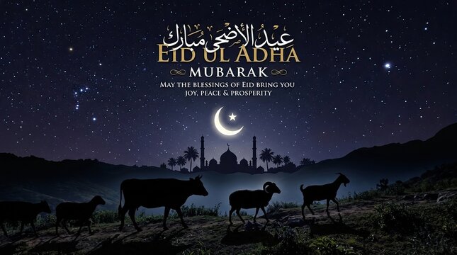 Eid ul adha mubarak wishes joy peace prosperity under starry night sky