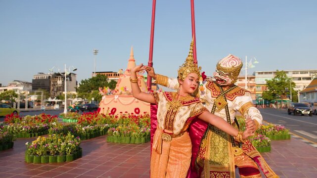 Thai Khon Masked Dancers Perform Suphannamatcha and Hanuman at Wat Suthat
