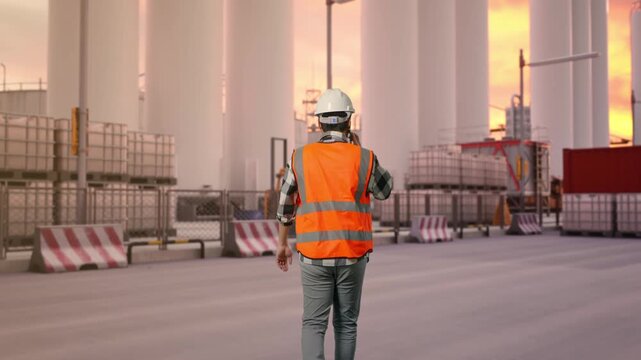 Back of Asian Male Engineer Talking On Smartphone While Walking at Storage Facility with IBC Totes, Large Silos and Safety Barriers at Sunset