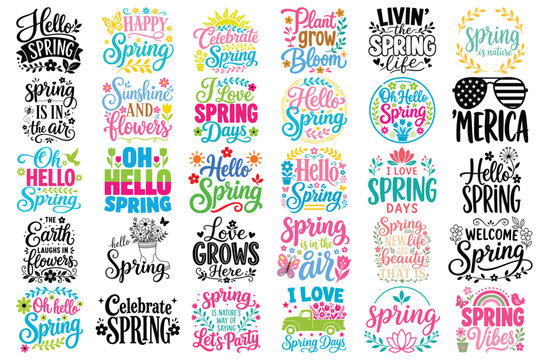 Spring quotes SVG bundle, hello spring typography designs, floral seasonal sayings, love welcome happy spring lettering, colorful flower clipart vector collection for shirts mugs stickers