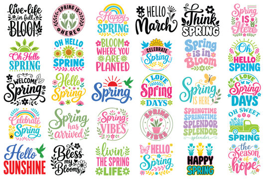 Spring quotes SVG bundle, colorful hello spring typography designs, floral seasonal sayings, rainbow sunshine flower clipart, hand lettered springtime vector illustration collection for shirts mugs st
