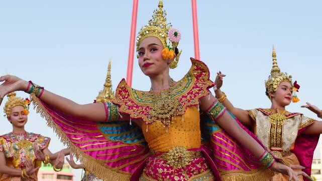 Traditional Thai Khon Dancers Perform at the Giant Swing in Bangkok