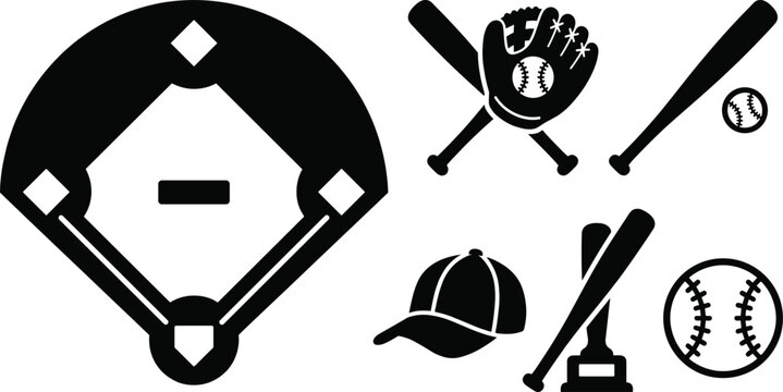 Black baseball equipment silhouette set featuring field diamond bats balls gloves and cap for sports competition and league themes
