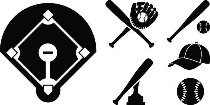 Black baseball equipment silhouette set with field diamond bats balls gloves and cap for sports competition and league branding