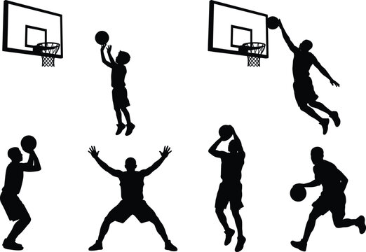 Black silhouette set of basketball players performing slam dunks jump shots and defensive blocks with basketball hoops
