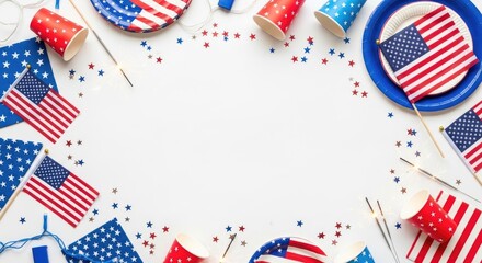 Obraz premium Fourth of july party supplies flat lay with american flags