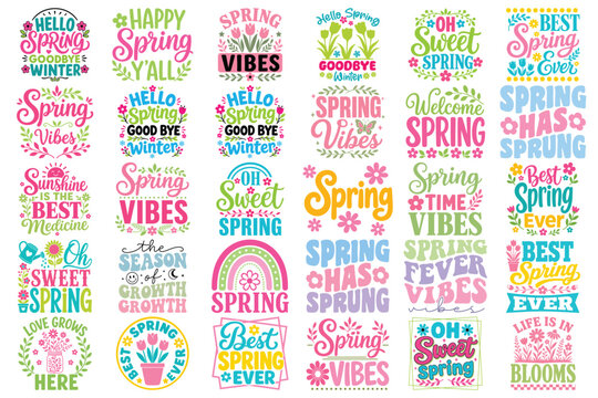 Spring quotes SVG bundle, colorful hello spring typography, floral seasonal sayings, sunshine flower rainbow clipart, hand lettered springtime vector illustration set for shirts mugs stickers crafts