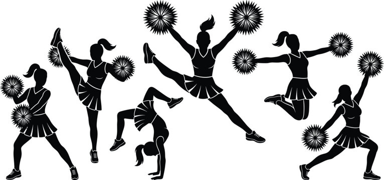Black silhouette set of cheerleaders performing high jumps stunts and dance routines with pom poms for sports entertainment