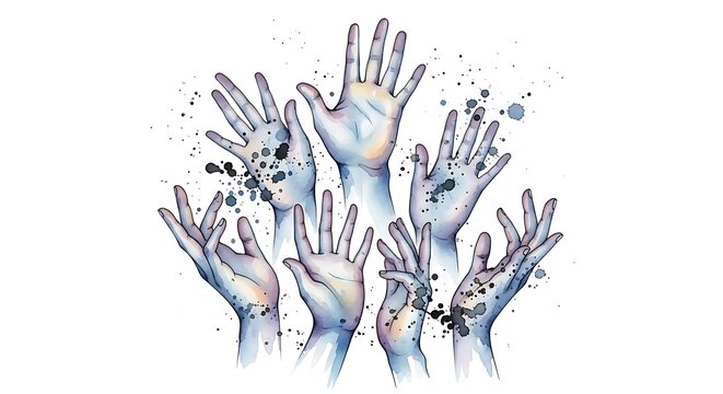 Watercolor illustration of multiple hands reaching upward