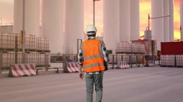 Back of Asian Male Engineer Holding Tablet While Walking at Storage Facility with IBC Totes, Large Silos and Safety Barriers at Sunset