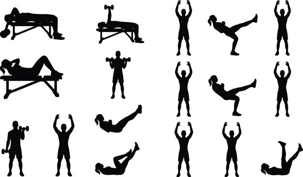 Black silhouette set of people performing gym workouts weightlifting with dumbbells and core abdominal exercises for fitness branding