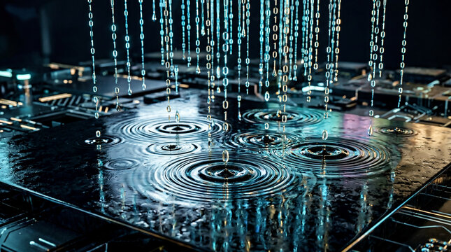 Cascade Binary Code Rain Rendered Metallic Droplets Digital Data Flow Technology Abstract Photo