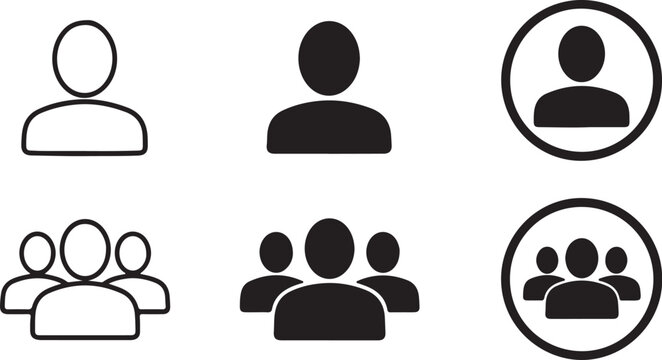 Set of black user account and group profile icons for web or app interface design layouts.