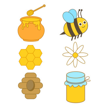 Cute honey and bee vector icon set featuring honey jar, beehive, honeycomb, flower and cartoon bee. Flat outline illustration for kids, logo, sticker, packaging, nursery, nature and spring design.