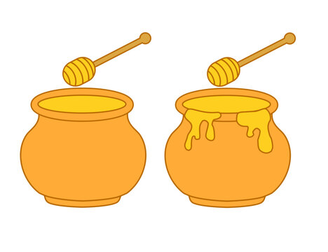 Jar of natural honey and wooden dipper spoon.Flat design.Sign, symbol, icon and logo isolated on white background.Cute cartoon doodle.Hand drawn.Pot of yellow honey.Graphic.Vector illustrator.