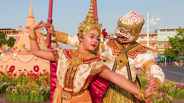 Traditional Thai Khon Dancers Perform Suphannamatcha and Hanuman at Wat Suthat