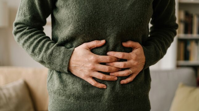 A man clutches his stomach with his hands, exhibiting signs of discomfort. He is wearing a dark green sweater and appears to be indoors, possibly in a living room.