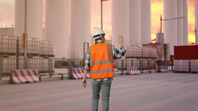 Back of Asian Male Engineer Waving Hand Saying Bye While Walking at Storage Facility with IBC Totes, Large Silos and Safety Barriers at Sunset