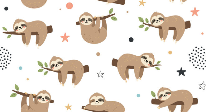 Seamless pattern of cute cartoon sloths sleeping and hanging on tree branches with stars and dots on a clean white background for kids.