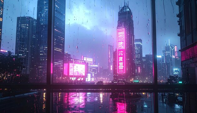 A cinematic view of a futuristic cyberpunk city through a rainstreaked window at night. Glowing pink neon lights reflect on wet streets, creating a moody, atmospheric urban landscape.