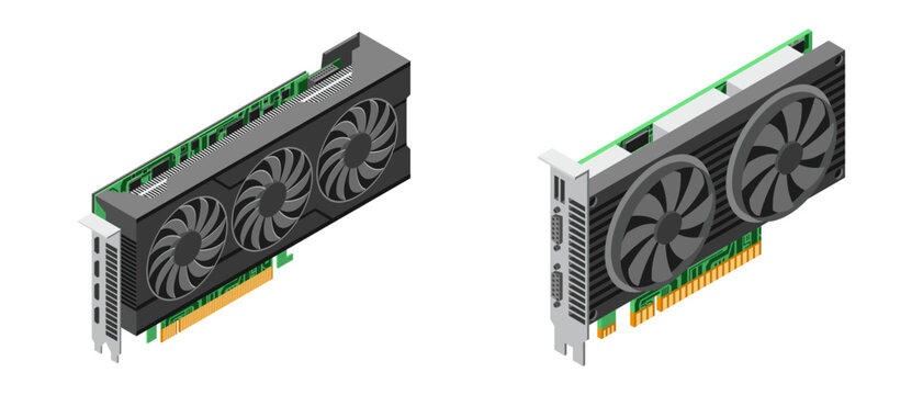 3D isometric video graphic card. Video graphics card for cryptocurrency mining or gaming. GPU graphic card illustration. Personal computer hardware components