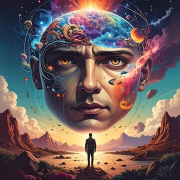 Cosmic mindscape with lone figure in desert
