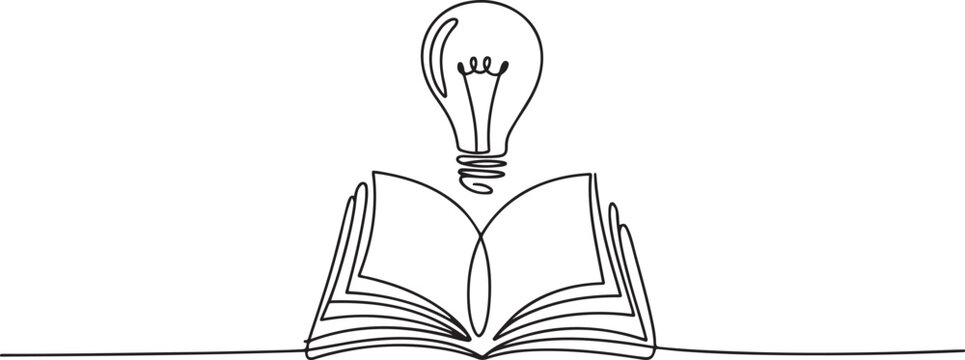 continuous one line art drawing of light blub above open book.one line Art icon drawing vector