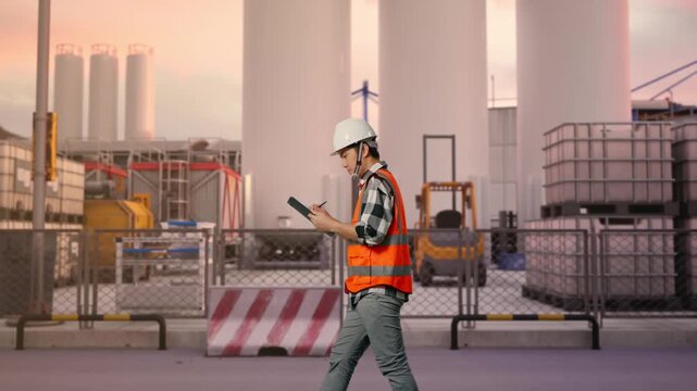 Side View of Asian Male Engineer Taking Note on Tablet While Walking at Storage Facility with IBC Totes, Large Silos and Safety Barriers at Sunset