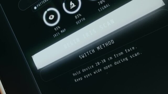 User taps the option labeled Begin Iris Scan, biometric authentication interface