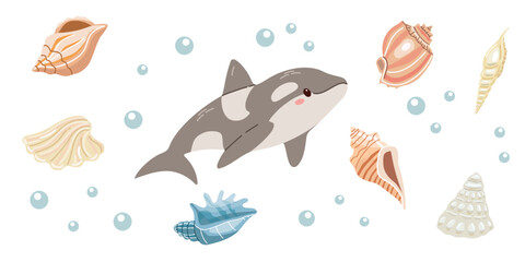 Fototapeta premium Cute flat shark with seashells underwater ocean composition isolated vector illustration for children nursery design artwork