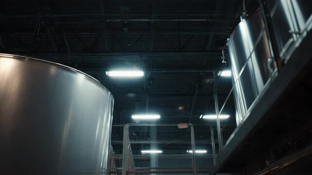 Shiny stainless steel fermentation tanks standing in a dark, clean industrial facility, reflecting the neon overhead lighting in a modern alcoholic beverage production plant