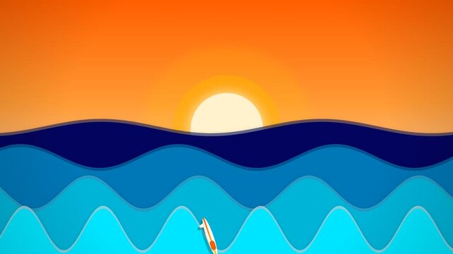 Minimalist Layered Paper Cut Style Ocean Waves with Sunset and Surfboard Illustration for Summer Vacation Concept