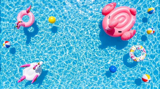 Colorful Inflatable Pool Floats in Bright Blue Swimming Pool