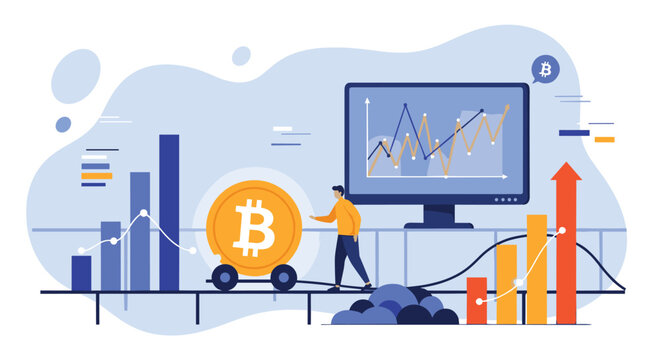 Financial technology concept showing a person moving a large bitcoin coin next to bar charts and growth graphs on a digital interface.