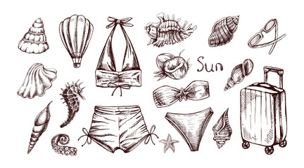 Hand drawn vintage sketch summer vacation collection with swimwear shells suitcase and beach elements illustration vector design © Mariia Mazaeva