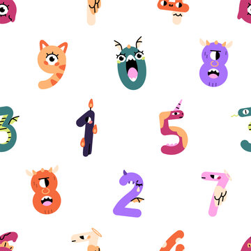 Repeatable pattern of figures from zero to nine with shapes of cute monsters. Endless background of funny numbers with kids font, age candles for birthday cake. Flat seamless vector illustration