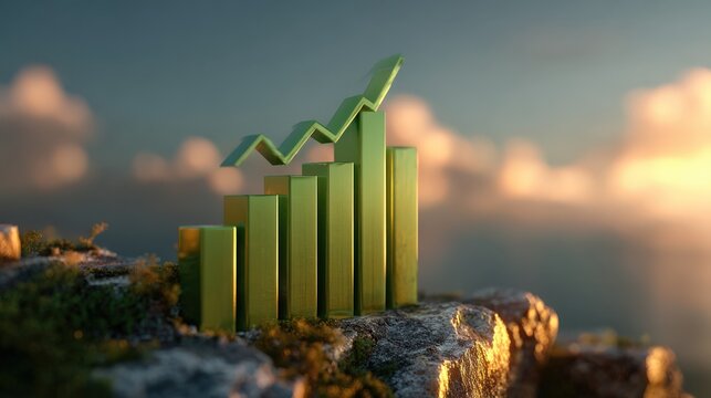 A vibrant graphic of a growing graph that symbolizes success stands prominently on a rocky outcrop, framed by a soft. ..Created with Generative AI, not depicting real subjects.