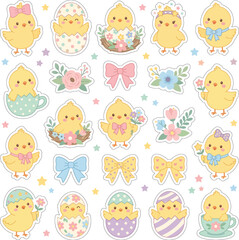 Fototapeta premium Adorable collection of pastel Easter chicks hatching from decorated eggs, some with bows and flowers, perfect for spring holiday celebrations and cute designs.