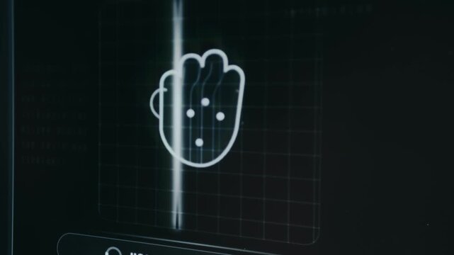 Mobile application UI prompting to Hold Palm Over Sensor for palm recognition, palm recognition authentication