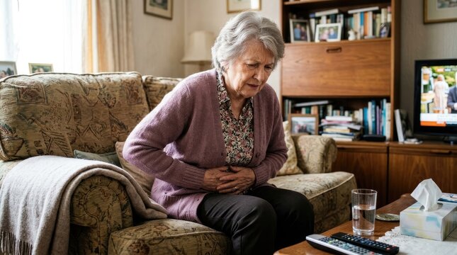 An elderly woman sits hunched on a sofa, clutching her stomach in pain. She wears a purple shirt and a gray cardigan, and her face expresses distress.